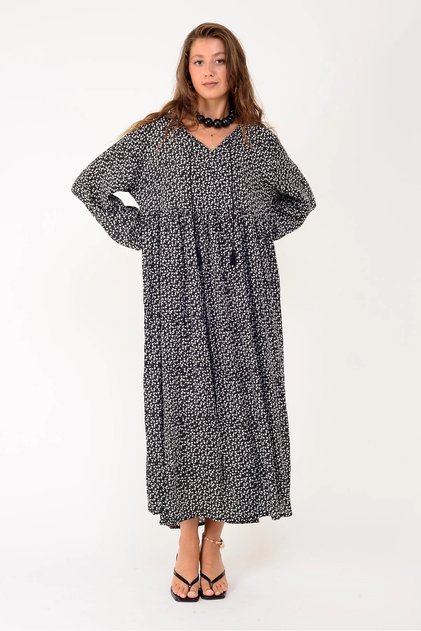 Women's Pompom Crispy Floral Long Sleeve Hijab Dress