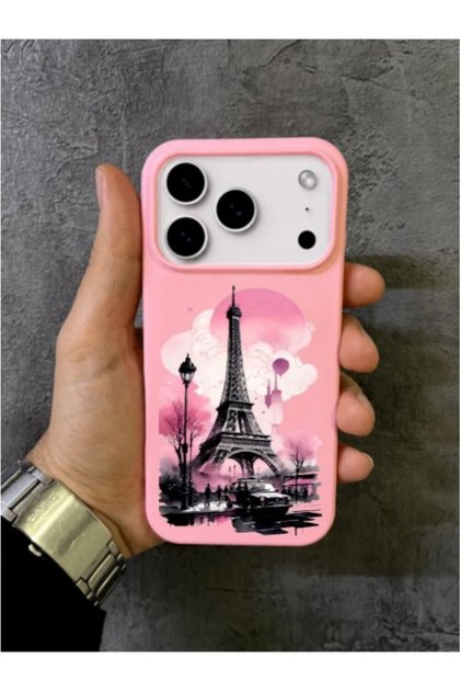 iPhone 17 Pro Max - 18 Pro Max Compatible Pink Case with Eiffel Tower and Nostalgic Car Illustration