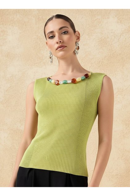 SLEEVELESS METALLIC KNIT NECK TRIM ROUND NE