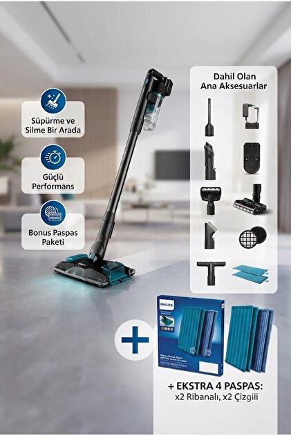 Aqua Plus 8000 Serisi Tek Seferde Silme ve Süpürme Bir Arada Dikey Süpürge + Orijinal Yedek Bez Hediyeli