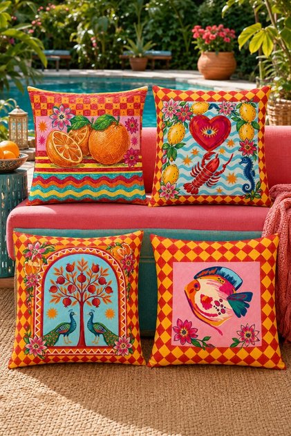 Red Sea and Land Animals Patterned 4-Piece Throw Pillow Cover Set