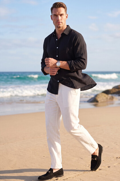 Black 97% Cotton Muslin Fabric Breathable Summer Comfortable Cut Men's Shirt 2602619