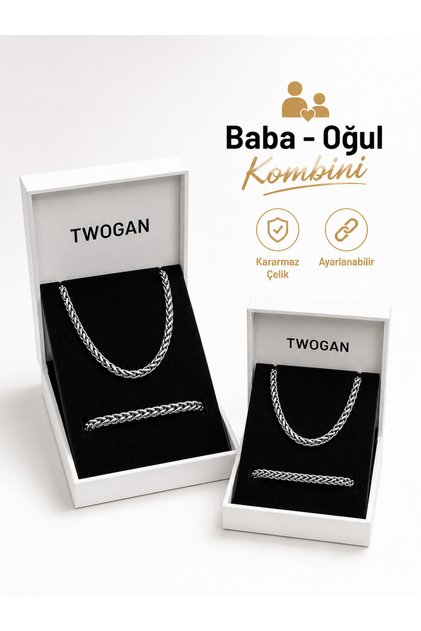 Baba- Oğul Takı Kombini 4lü Set Erkek, Çocuk Çelik Bileklik ve Kolye, Yuvarlak Foxtail Model Premium Set