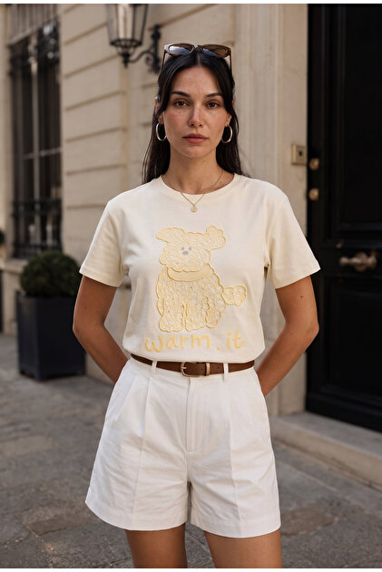 Women's Beige Loose Fit Foam Embroidery Design T-Shirt