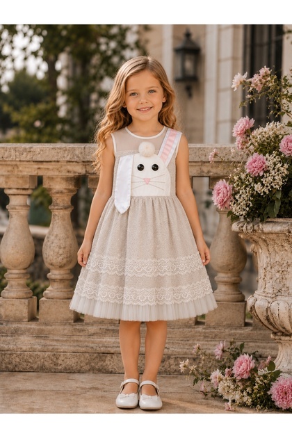 Girl's Special Occasion Dress with Rabbit Figure and Lace Detail, Lined, for Girls Aged 2-6, Birthday, Party, Special Occasion
