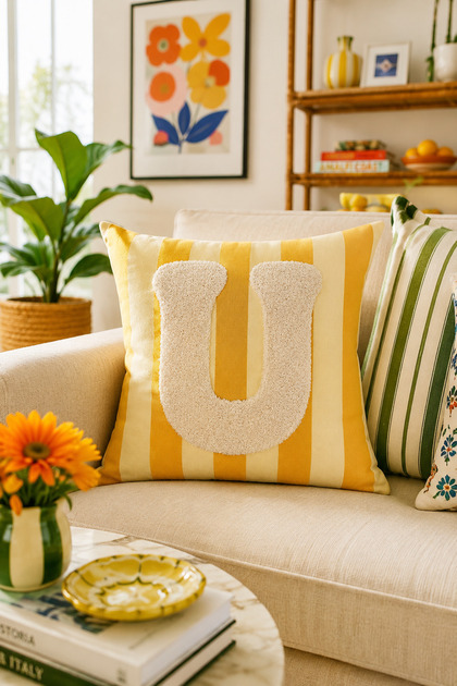 Punch Embroidered Throw Pillow Cover - 43*43 cm - Yellow Letter U - Pnk001