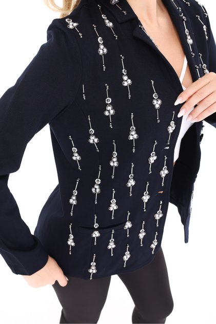 Women's Designer Jacket with Stone and Bead Embellishments, Navy Blue Slim Fit Blazer Jacket