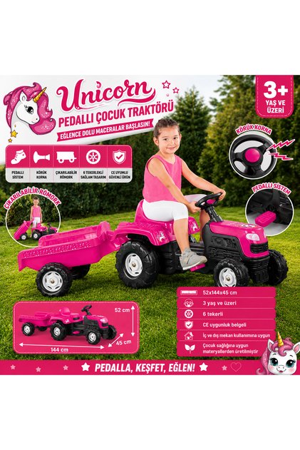 Unicorn Pedallı Römorklu Oyuncak Traktör 52x144x45 cm Çıkarılabilir Römorklu Korna Özellikli 3+ Yaş