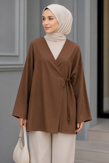 Light Brown Double-Breasted Collar Side Tie Summer Kimono Tunic