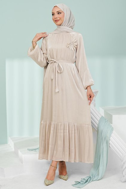 Beige Floral Bronched Chiffon Dress