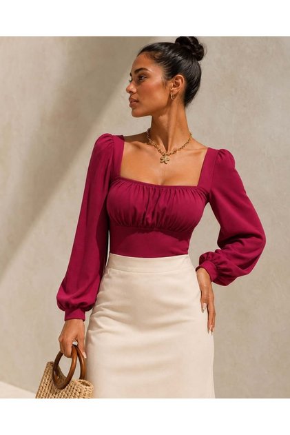 Bordo Kare Yaka Büzgülü Balon Kol Crop Bluz 581478