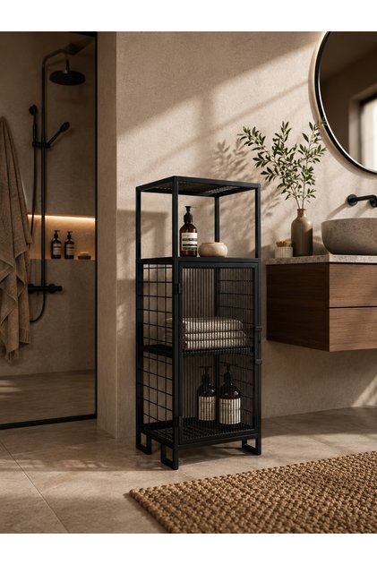 Siyah Metal Dört Raflı Banyo Dolabı Modern Banyo Organizer Raflı Depolama Ünitesi