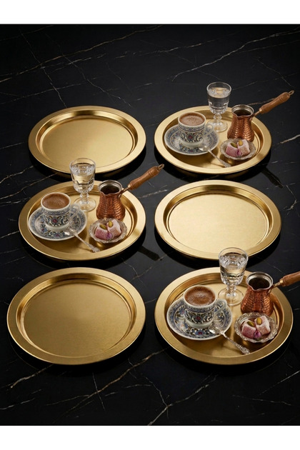 Decorative Metal Gold Color Round 6 Pieces Modern Coffee Presentation Tray 23 cm