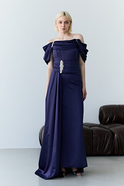 Navy Blue Boat Neck Stone Embroidered Drapeli Long Evening Dress