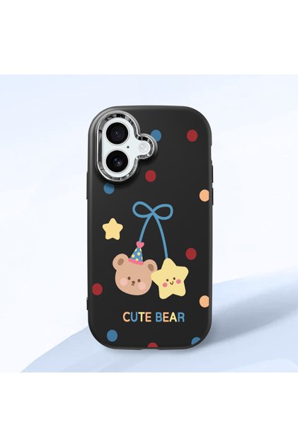 iPhone 16 Compatible Case with Camera Protection Black Silicone Couple Phone Case with Bear Pattern