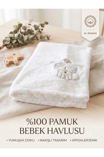 %100 Pamuklu, Nakışlı, Hipoalerjenik Bebek Battaniyesi - Yumuşak Doku, çocuk banyo havlusu Beyaz, 85x115cm