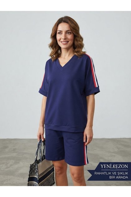 Flexible Lycra Oysho Fabric Comfort! Side Stripe Detailed Casual V-Neck 2-Piece Set