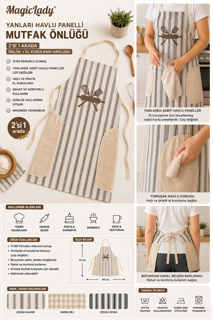 Cotton Kitchen Apron with Towel Panels on the Sides and Hand Drying Feature, Neck-Hanging Kitchen Apron