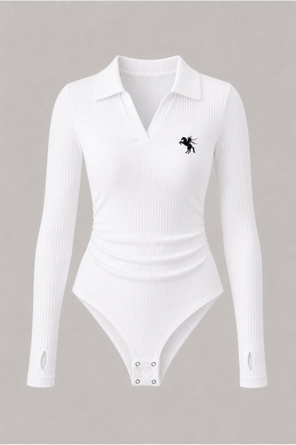 Polo Collar Embroidered Gathered Detail Zip-Up Blouse