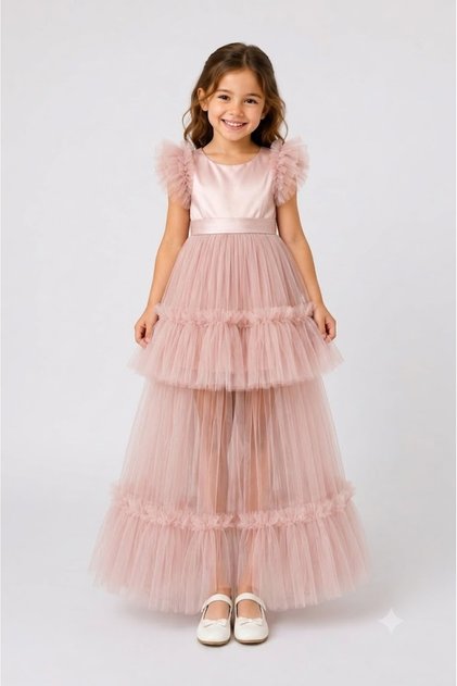 Girls' Princess Evening Dress with Bow on the Back and Layered Tulle Ruffles