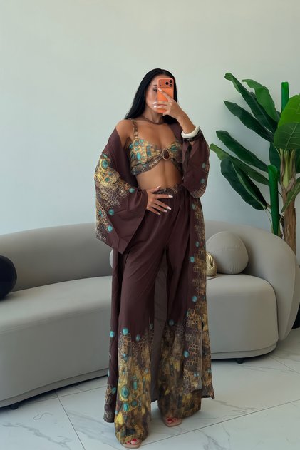 Premium Bohem Desenli Kimono Büstiyer Bol Paça Pantolon 3’lü Takım