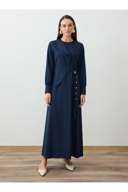 Asymmetrical Closure Detailed Linen Blend Hijab Dress - Navy Blue -