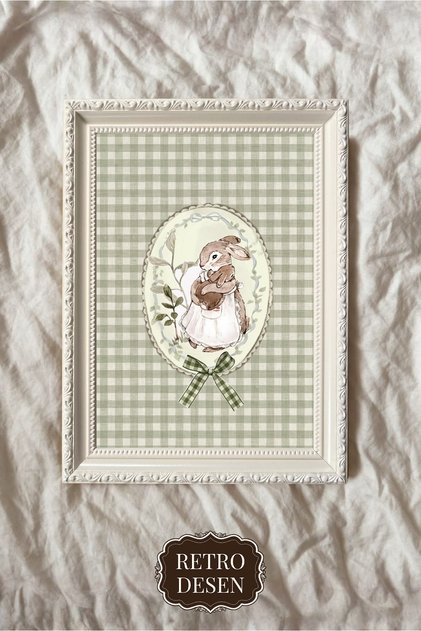 Çerçeveli Vintage Çocuk Odası Tablosu, Bebek Odası Tablosu, Çocuk Odası Duvar Dekoru Tavşan (00068)
