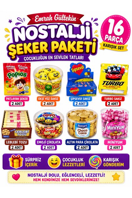 Nostalji Şeker Paketi 16 Parça Karışık Sürpriz Tatlı Seti Sakız Çikolata Kutusu Eğlenceli