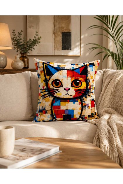 Renkli Kedi Figürlü Pop Art Dijital Baskılı Dekoratif Gizli Fermuarlı Kırlent Kılıfı 43x43 cm