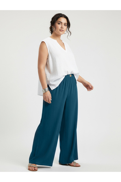 Plus Size Blue Button Detail Wide Leg Trousers