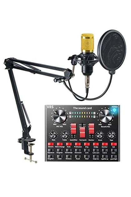 Professional Condenser Microphone With V8S Live Sound Card And Studio Recording Broadcasting Set Black