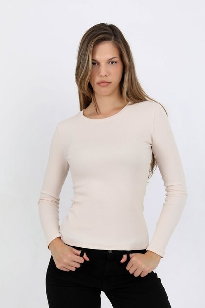 Women's Ivory Long Sleeve Ribbed Crew Neck Basic T-Shirt - H6161