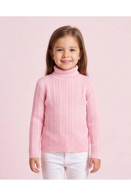 Girls Pink Turtleneck Cable Knit Pullover