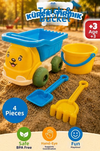 4 Piece Truck Play Set - Shovel Rake Bucket Beach Sand Toy Blue