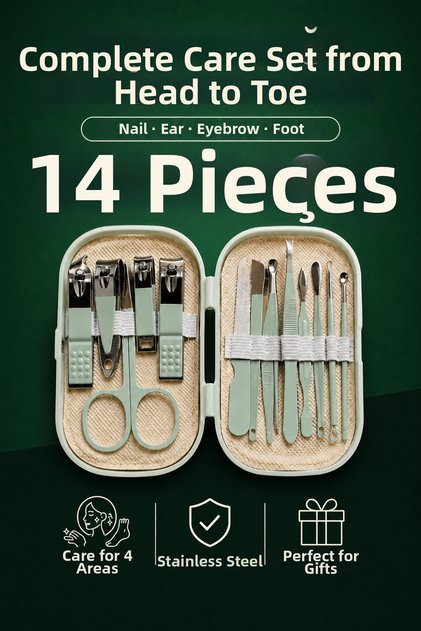14 Piece Manicure Pedicure Set with Bag Water Green Nail Ear Eyebrow Hand Foot Care Stainless Steel