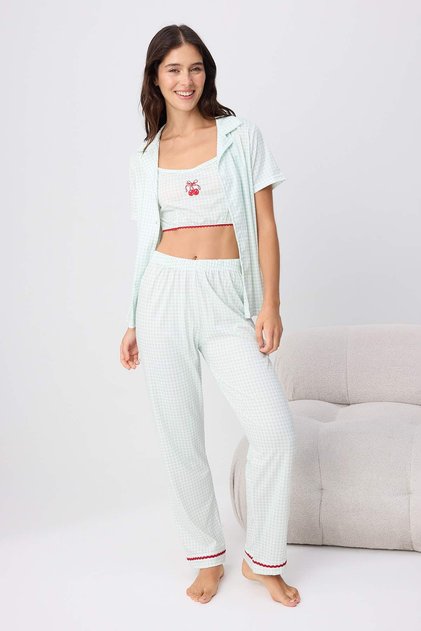 Mint 3'lü Ekoseli Kirazlı Şerit Detaylı Örme Pijama Takımı THMSS26PT00062