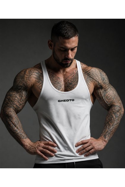 Logo Gym Fitness Tank Top Sporcu Atleti [Beyaz]