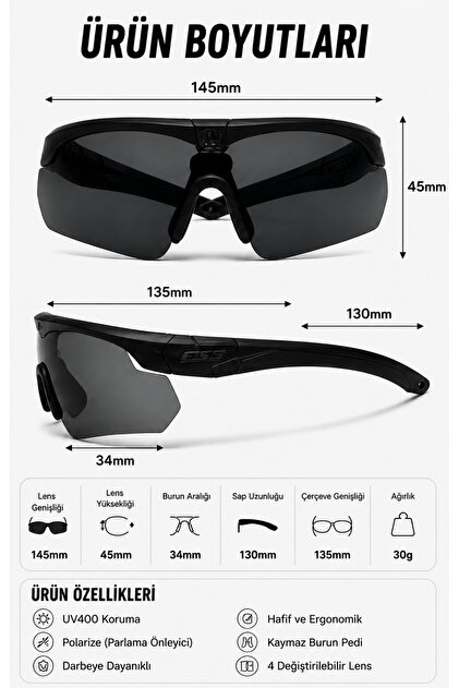 DTULTRA2 ESS Crossbow Taktik Gözlük 4 Lensli Set – Polarize Siyah