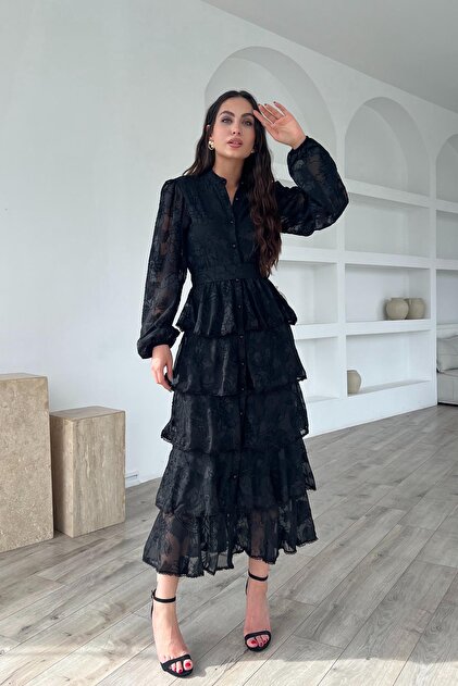 Seda Yalçın Atelier Bej Valonlu Şerit Detaylı Kat Kat Elbise