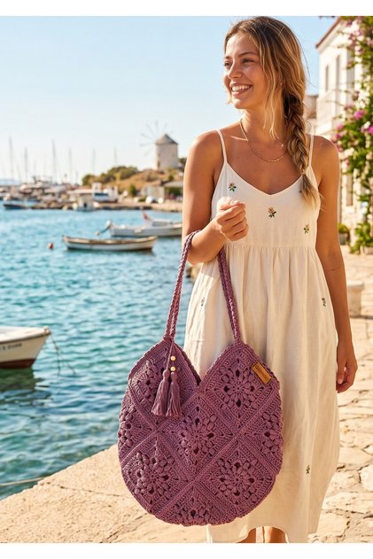 Hand Knitted Tasseled Casual Women's Shoulder Bag Paper String Purple 36X27
