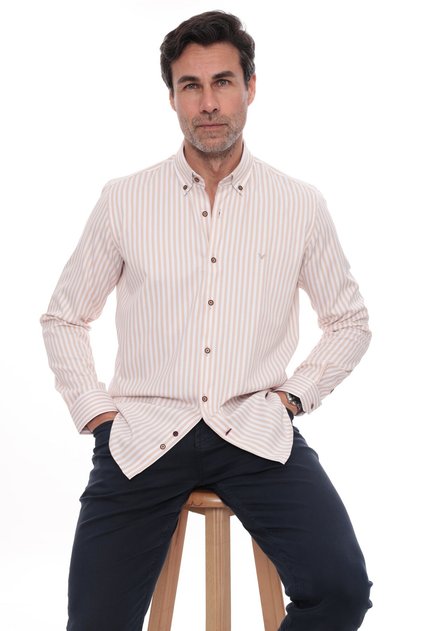 Slim Fit Long Sleeve Lycra Striped Collar Buttoned Gift Boxed Men's Shirt Fs-003669 - Beige