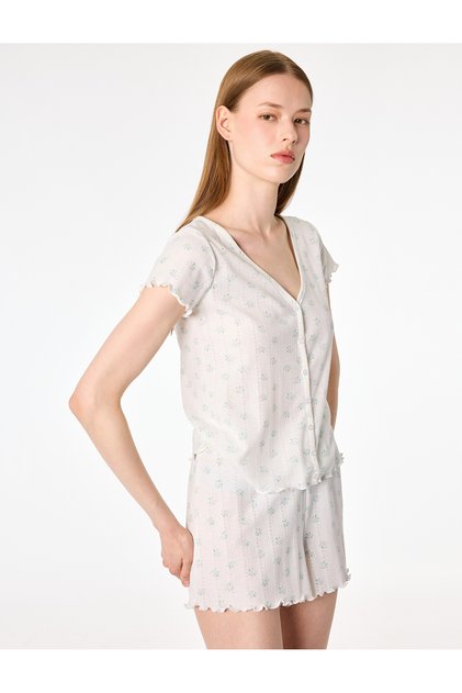 Buttoned V-Neck Short-Sleeved Patterned Shorts Pajama Set