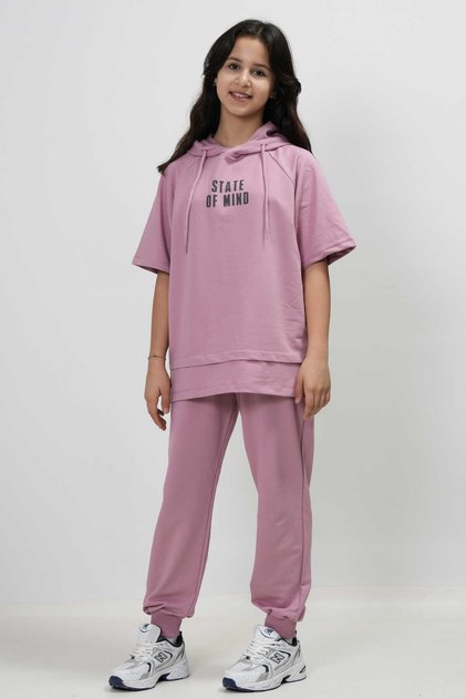 Girl's Two Thread Fabric Short Sleeve Hooded Tracksuit Set