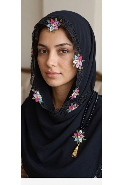 Needlework Black Color Prayer Rug with Prayer Beads