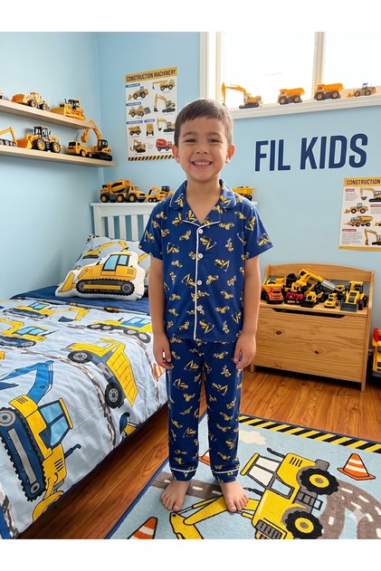 Boys' 100% Cotton Business Machine Patterned Navy Blue Shirt Collar Short Sleeve Seasonal Pajama Set