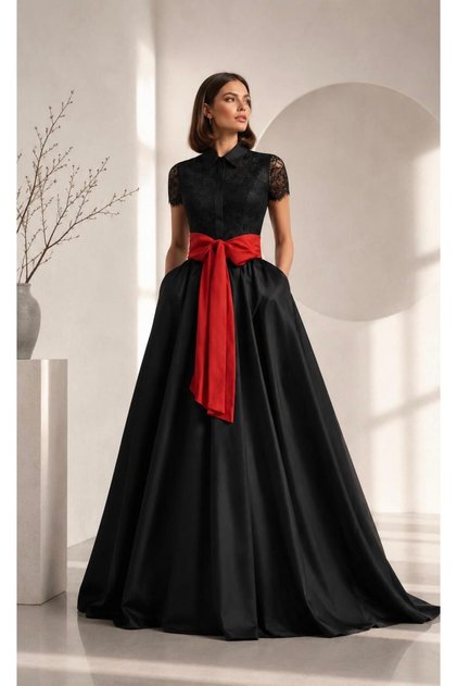 Maxi Length Short Sleeve Lace Overlay Skirt Taffeta Stylish Event Dress Cou-39
