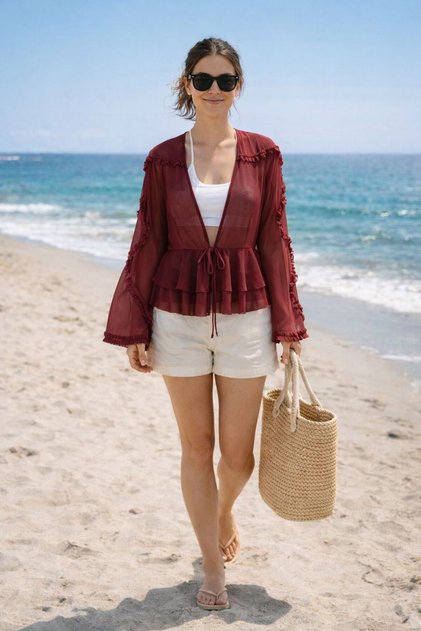 Women's Front Tie-Detail Ruffle Detail Layered Ruffled Tulle Beach Shirt Stylish Sheer Women's Blouse B
