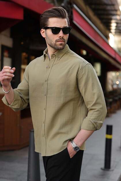 Madmext Men's Khaki Long Sleeve Cotton Linen Look Shirt 6743- Trendyol