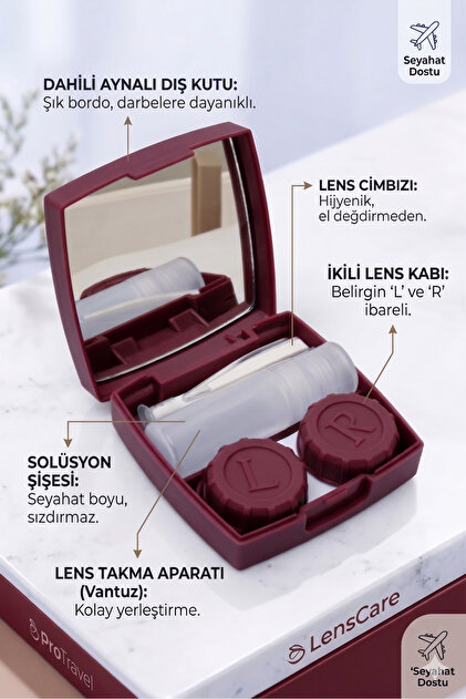 Bordo Aynalı Lens Kutusu 5 Parça Pratik Seyahat Seti