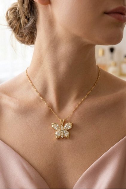 Women's Steel Butterfly Necklace - Gold Color - (with Surprise Gift)
